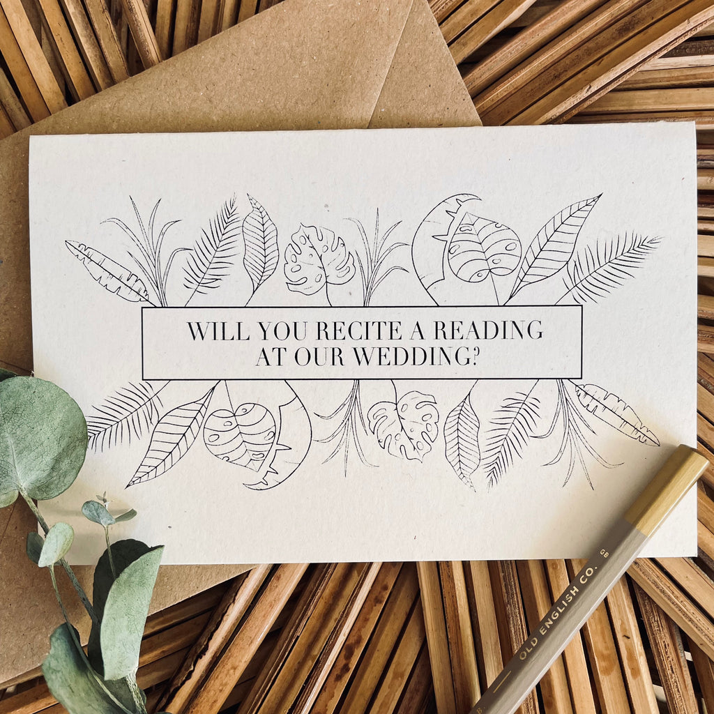 will you recite a reading at our wedding ceremony proposal card