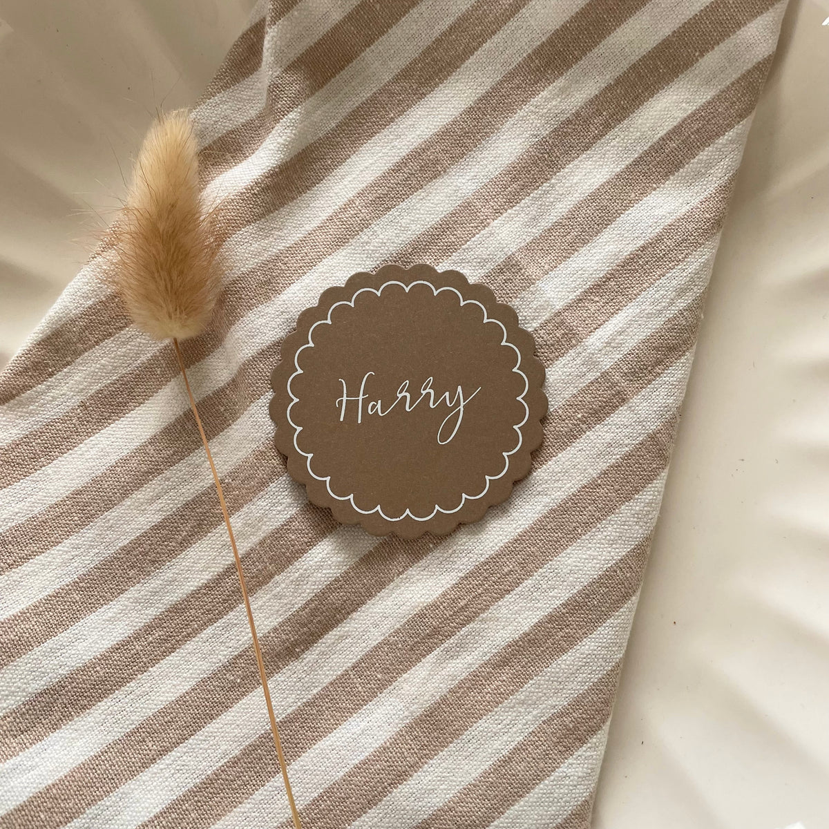 brown and white scallop edge name tags for wedding