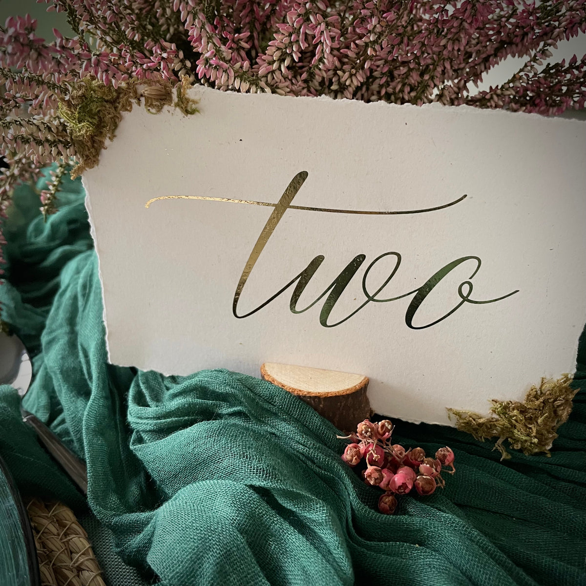 gold foil table numbers for forest wedding tablescape