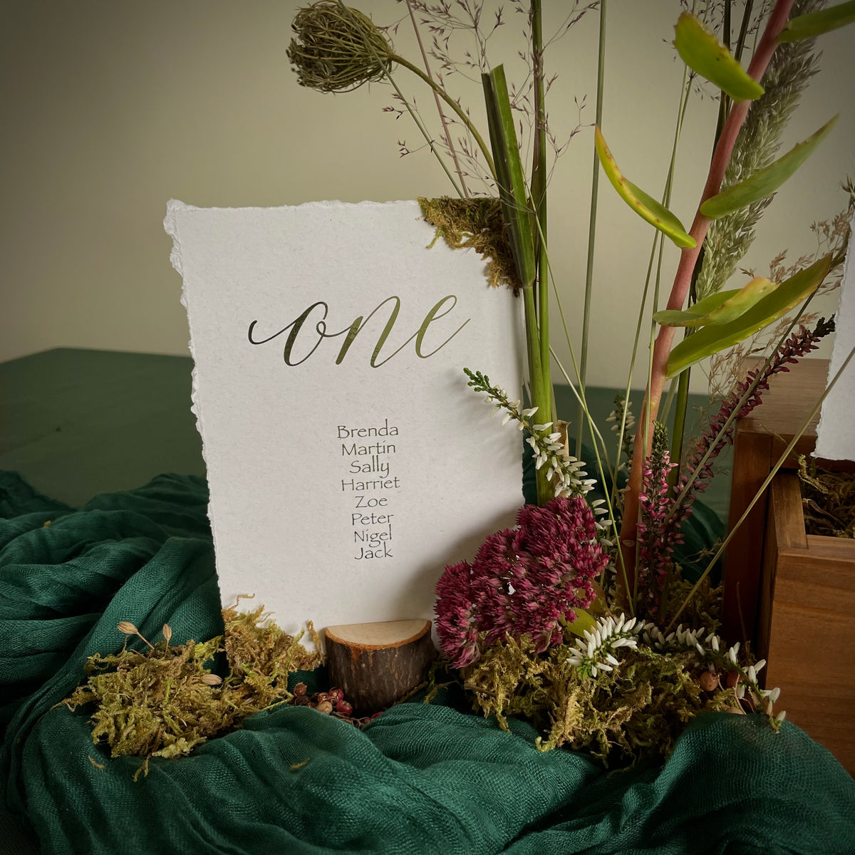 woodland table plan cards with gold foil and moss