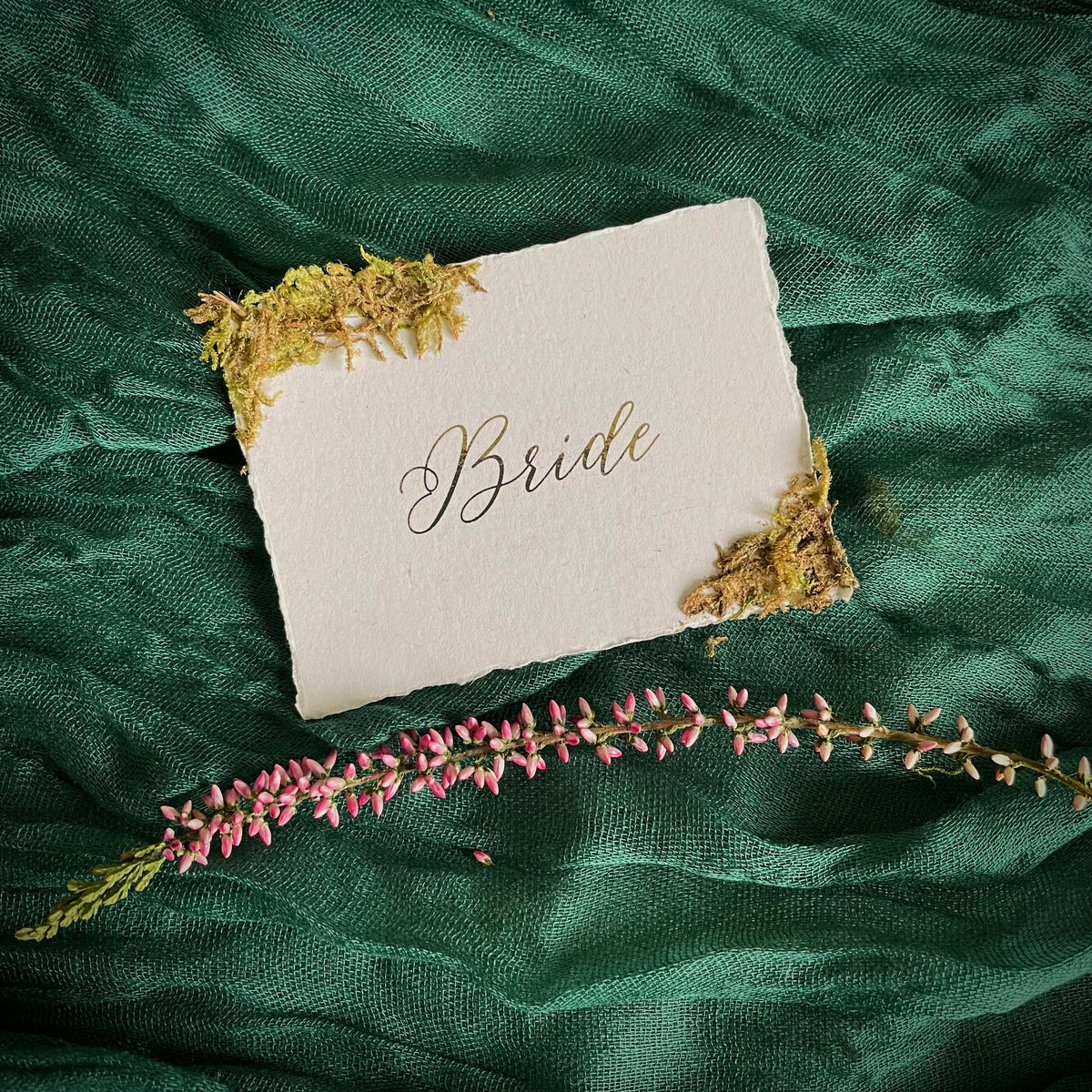 woodland moss place cards with gold foil