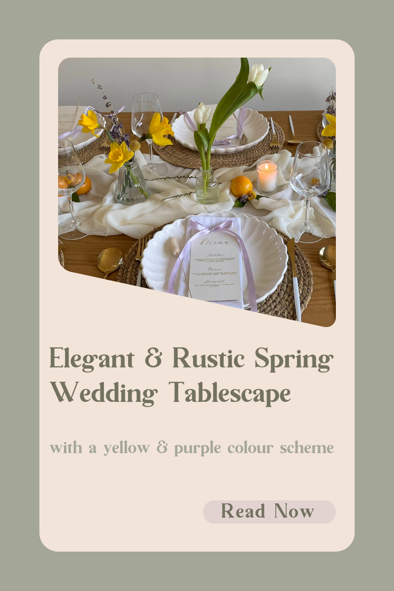 Elegant and rustic tablescape for spring weddings with purple and yellow colour scheme