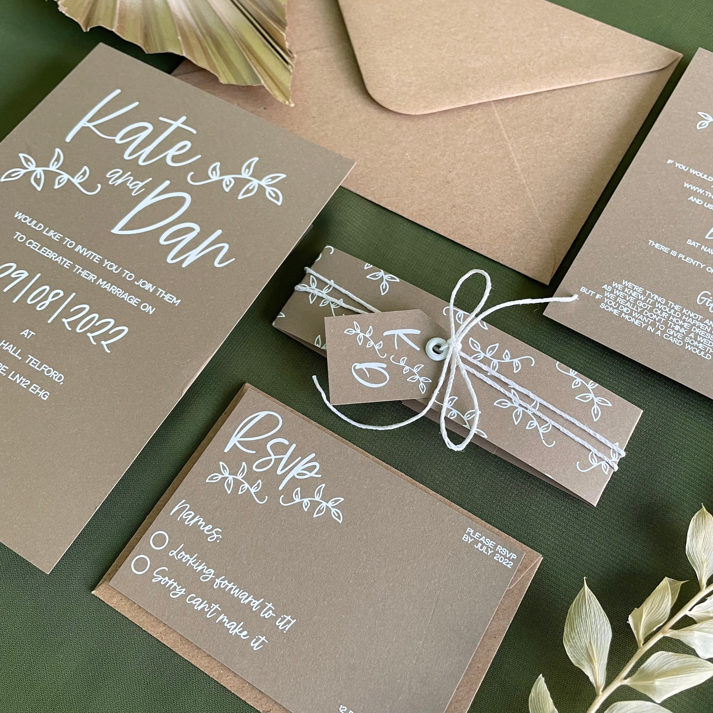 rustic wedding stationery collection, natural simple floral design in brown and white