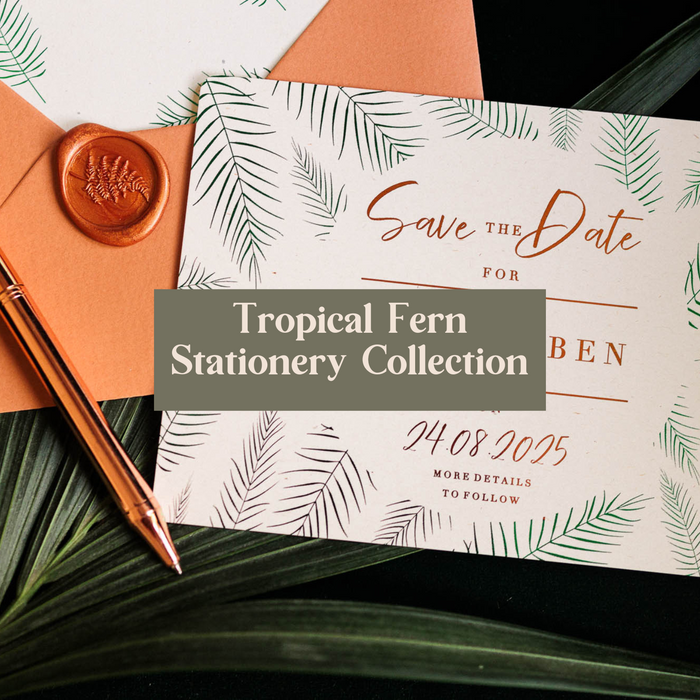 tropoical fern leaves foiled stationery for wedding day