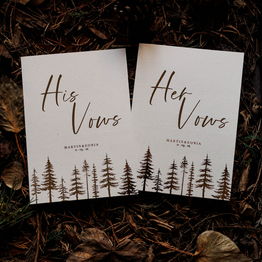 woodland pine tree vow booklets foiled in gold personalised with the couples wording