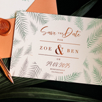 tropical leaves save the date wedding card for botanical style