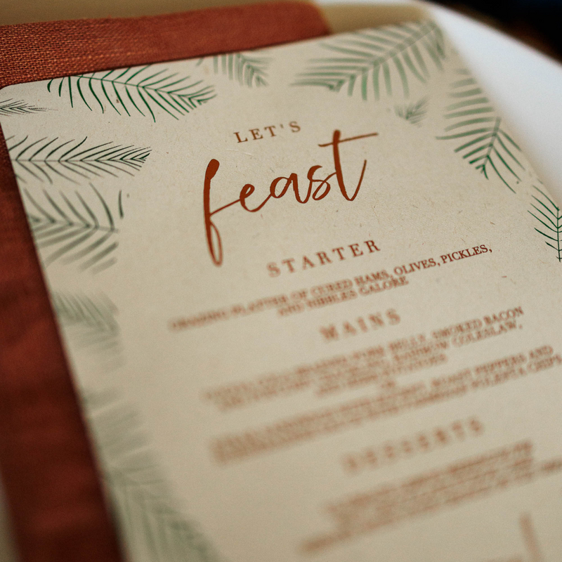 Feasting Menu Tropical Fern Leaves Let's Feast Menu Card – Confetti Sweethearts ...