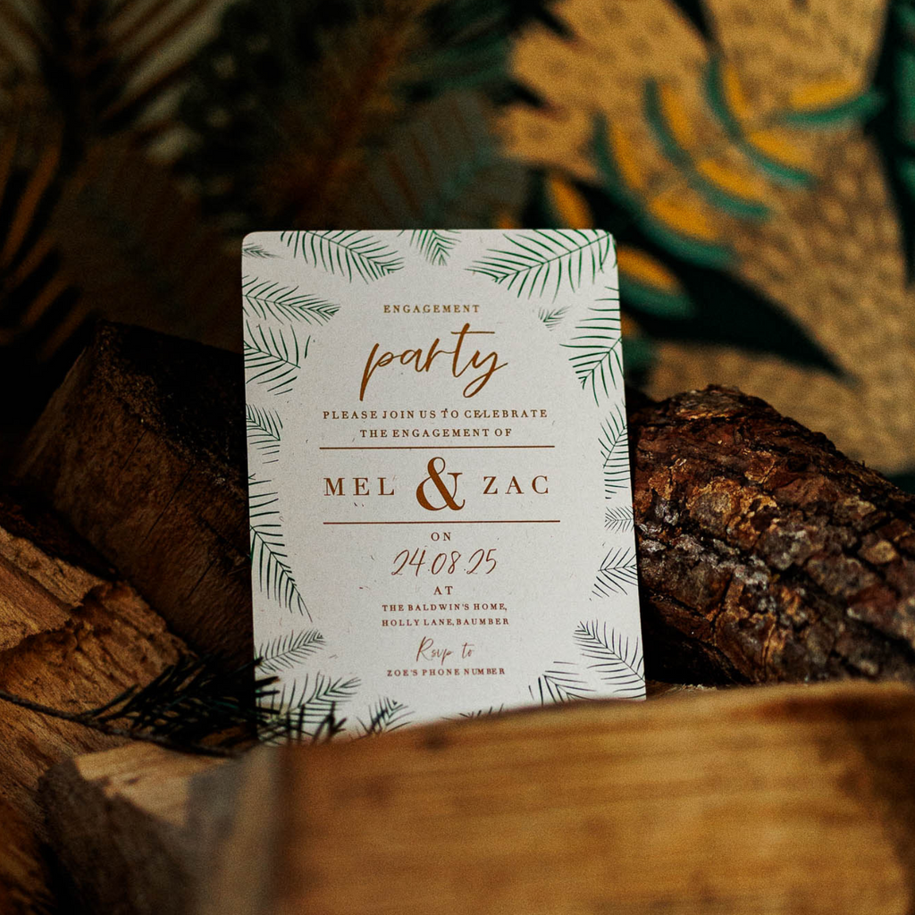 tropical engagement party invitation fern leaves pattern