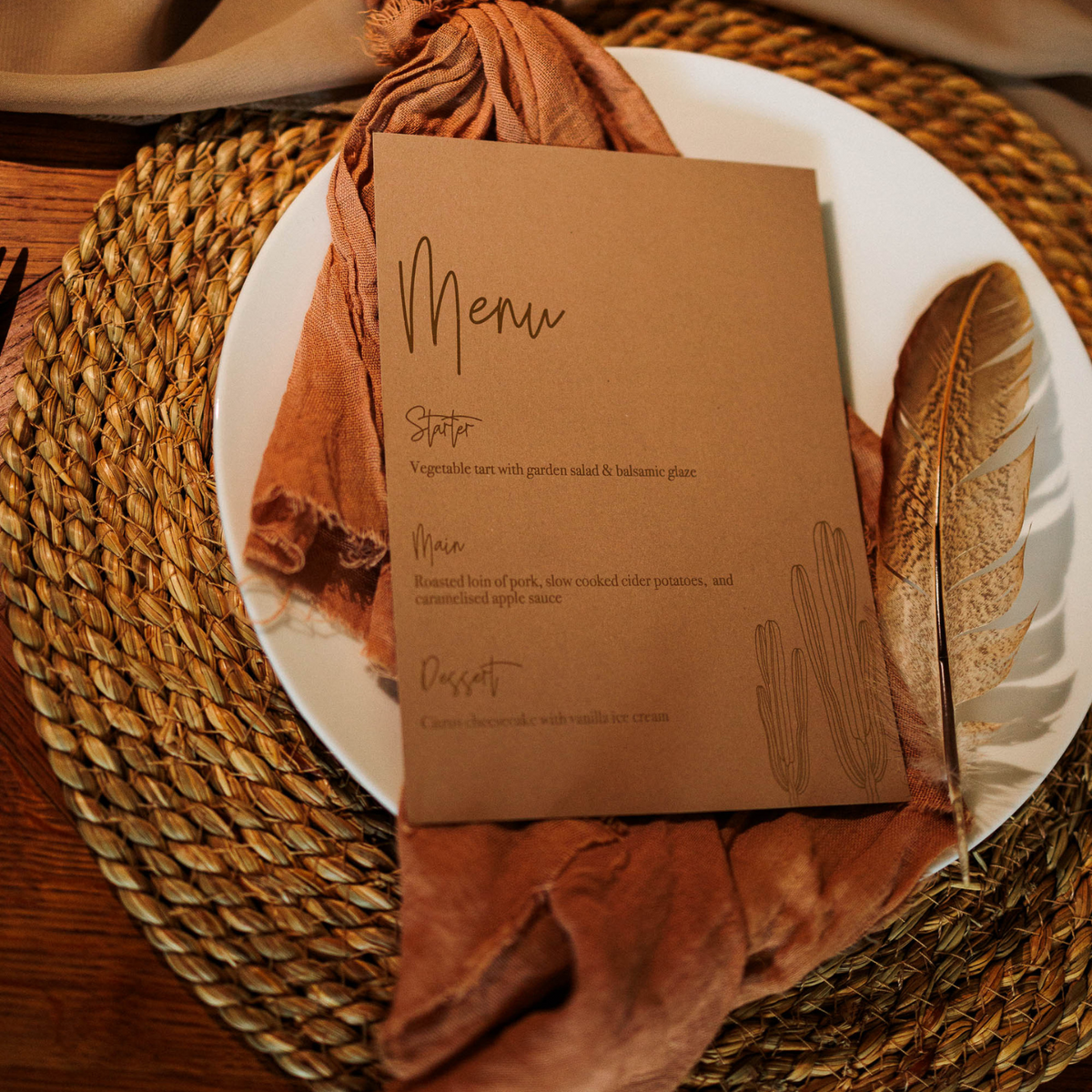 boho desert cactus menu card for bohemian bridal shower