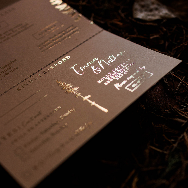 fold out wedding invitation card for woodland wedding in the woods