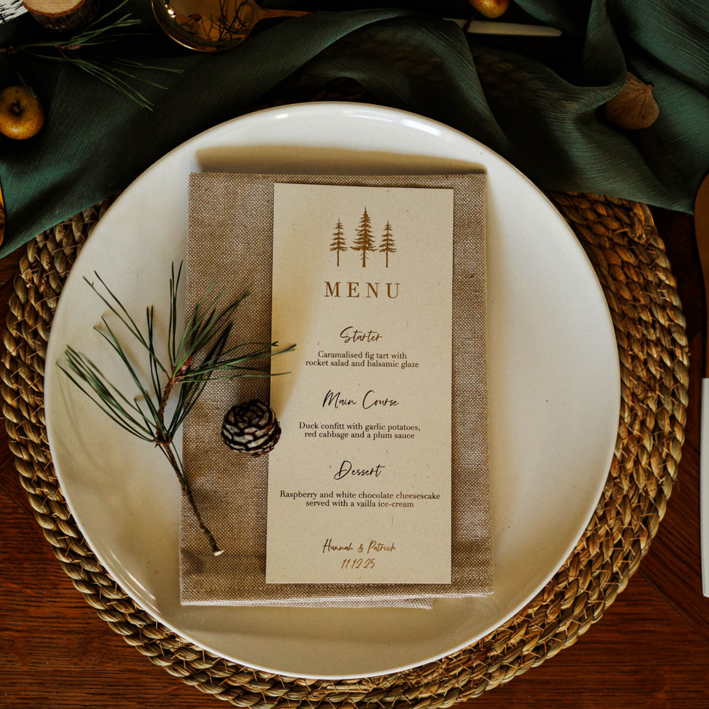 woodland pine trees menu card in gold foil