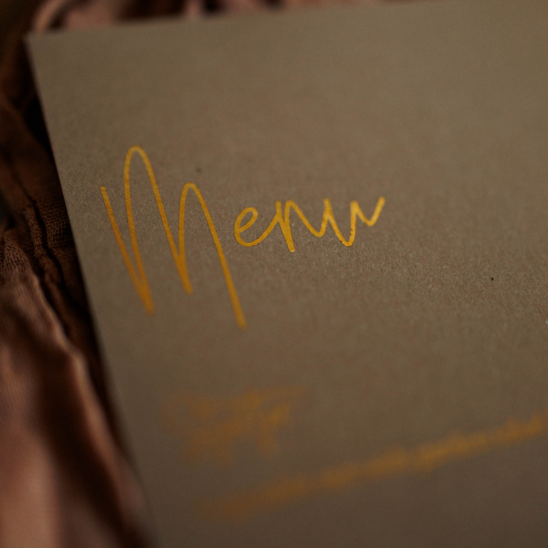 brown and gold foil menu card for bohemian wedding