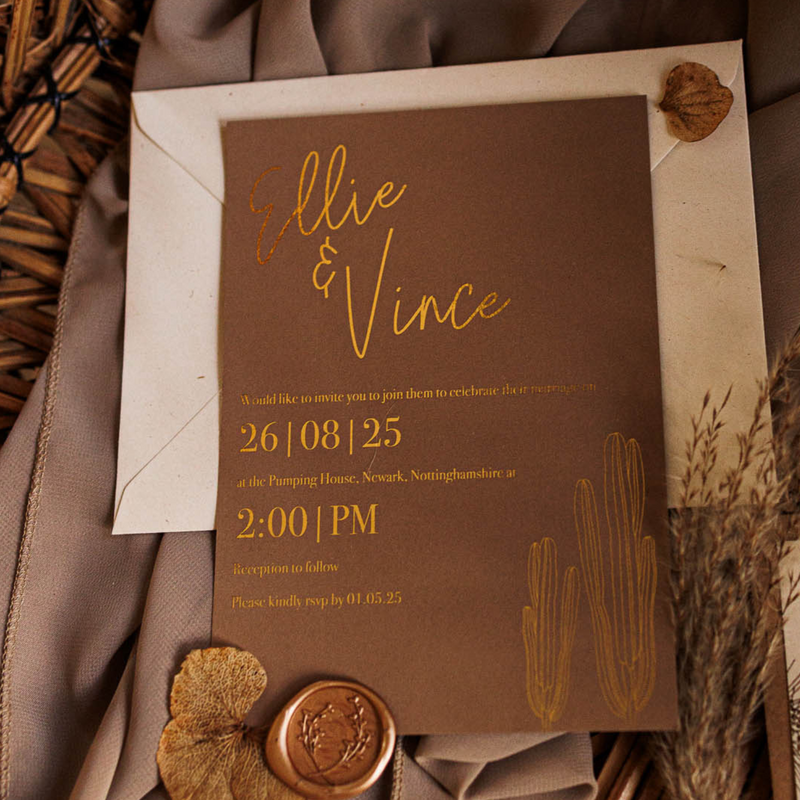 gold foil wedding invitation for 70's inspired wedding day