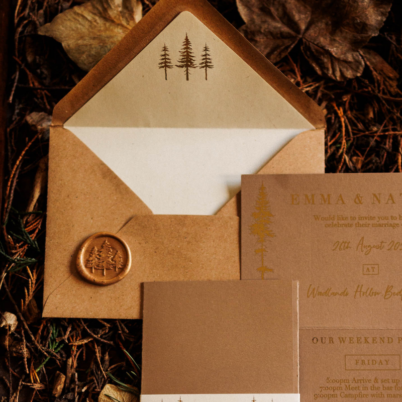 rustic wedding invitation for forest theme tree design in gold foil