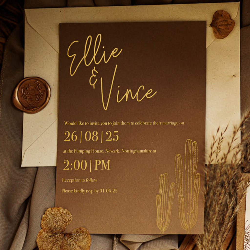 bohemian inspired invitation with gold foil for desert themed wedding, bohemian bridal shower
