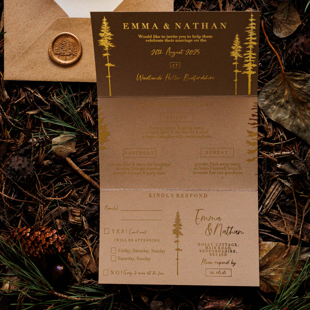 woodland  pine trees invitation in gold foil