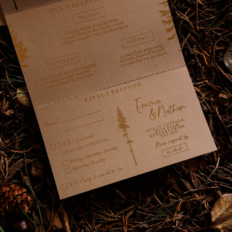 rustic fold out wedding invitations for a woodland wedding theme gold foil tree design