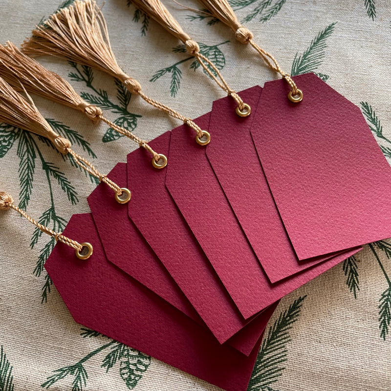 burgundy and gold tassel gift tags for christmas presents