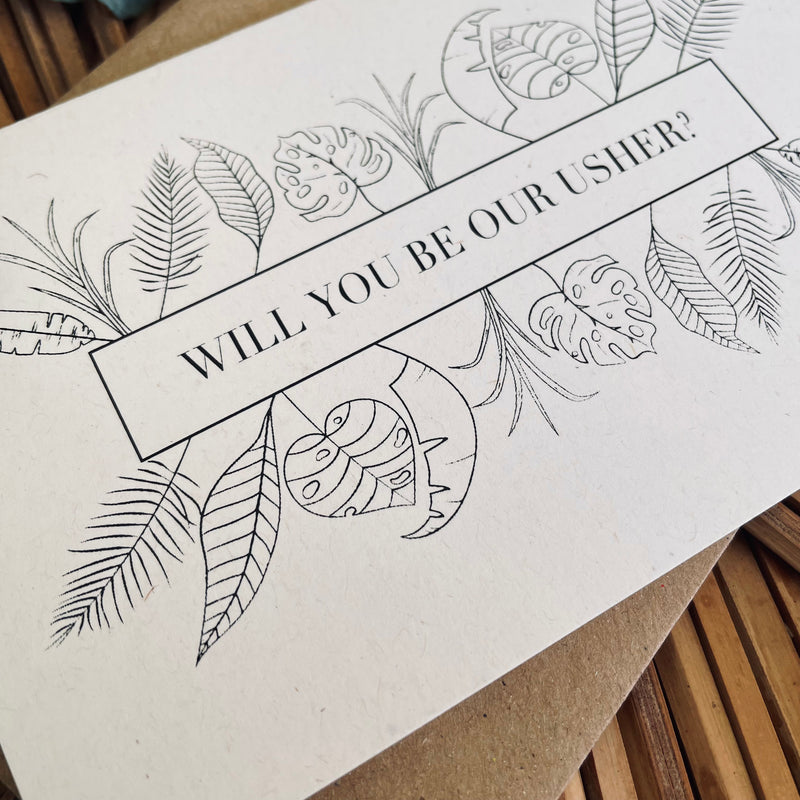 leaves design will you be our usher wedding card