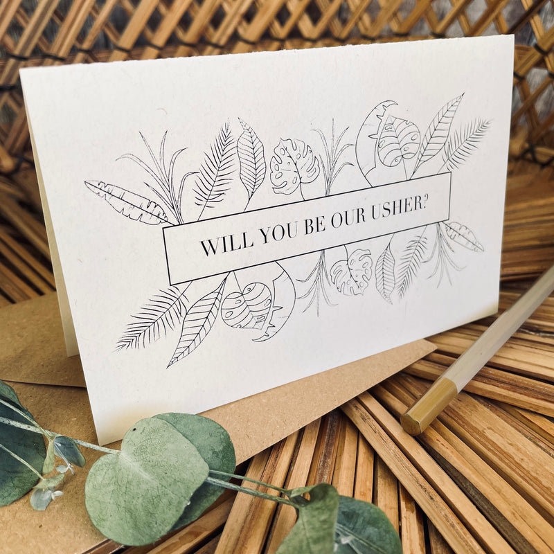 wedding card will you be our usher on recycled card with black foil and a brown envelope