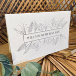 will you be my best man card on recycled card stock with black foil writing, leaf design