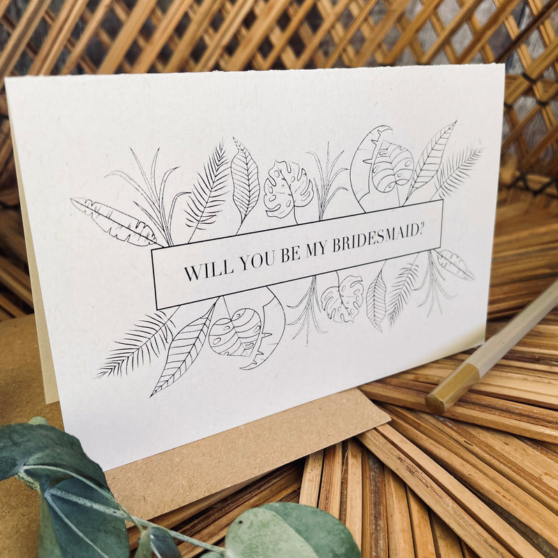 tropical leaves will you be my bridesmaid card