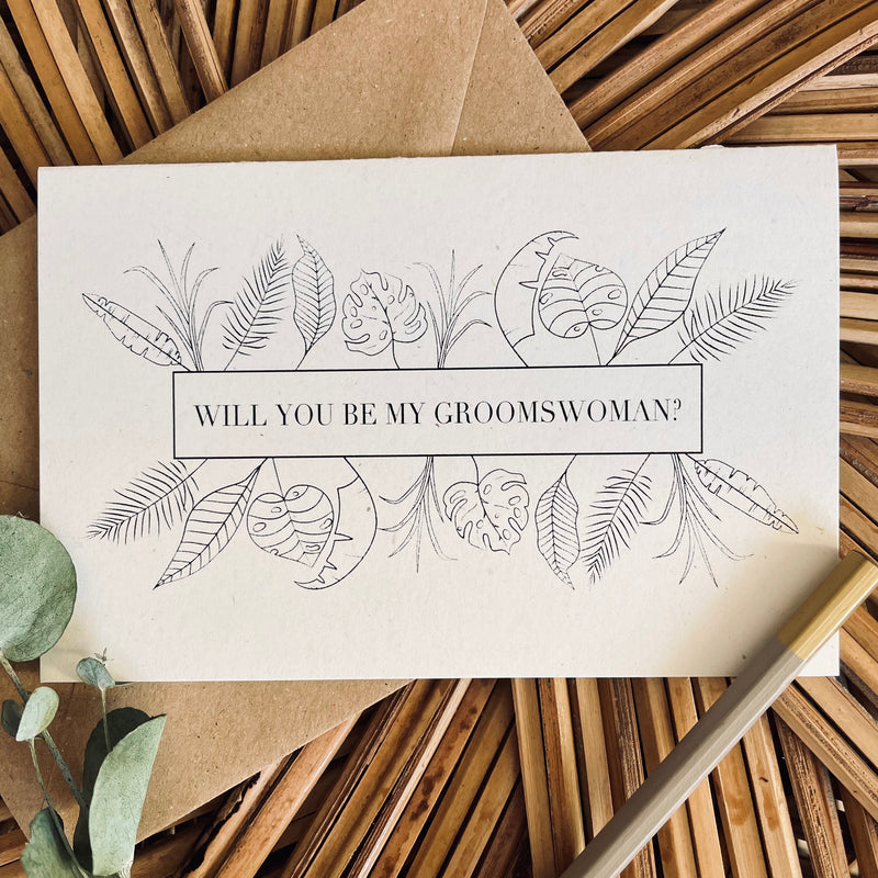 will you be my groomswoman proposal card botanical design