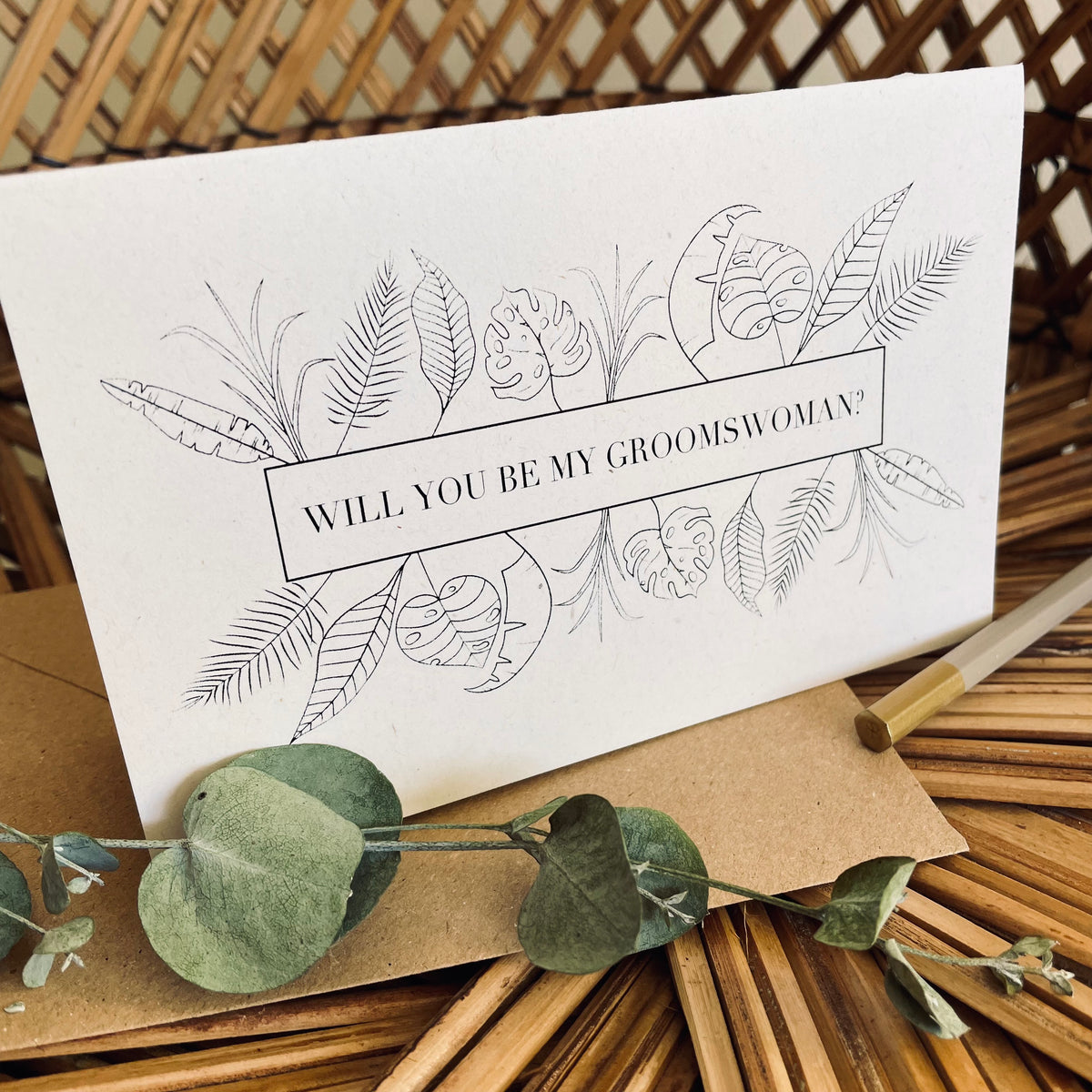 will you be my groomswoman proposal card botanical design