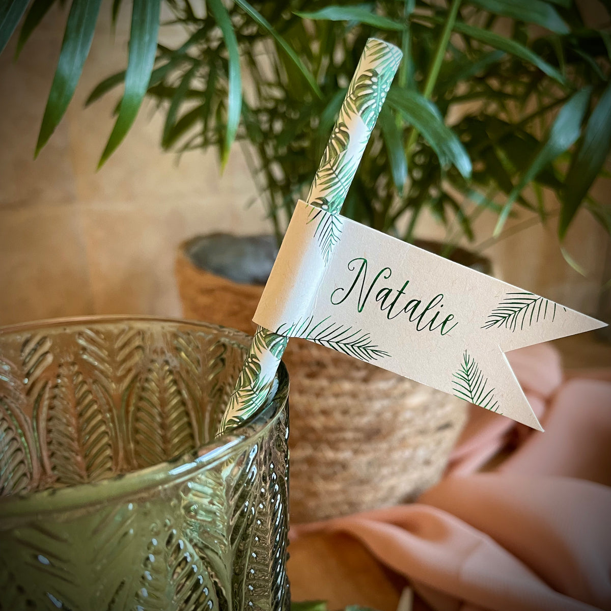 Personalised Name Tropical Leaves Drink Straws