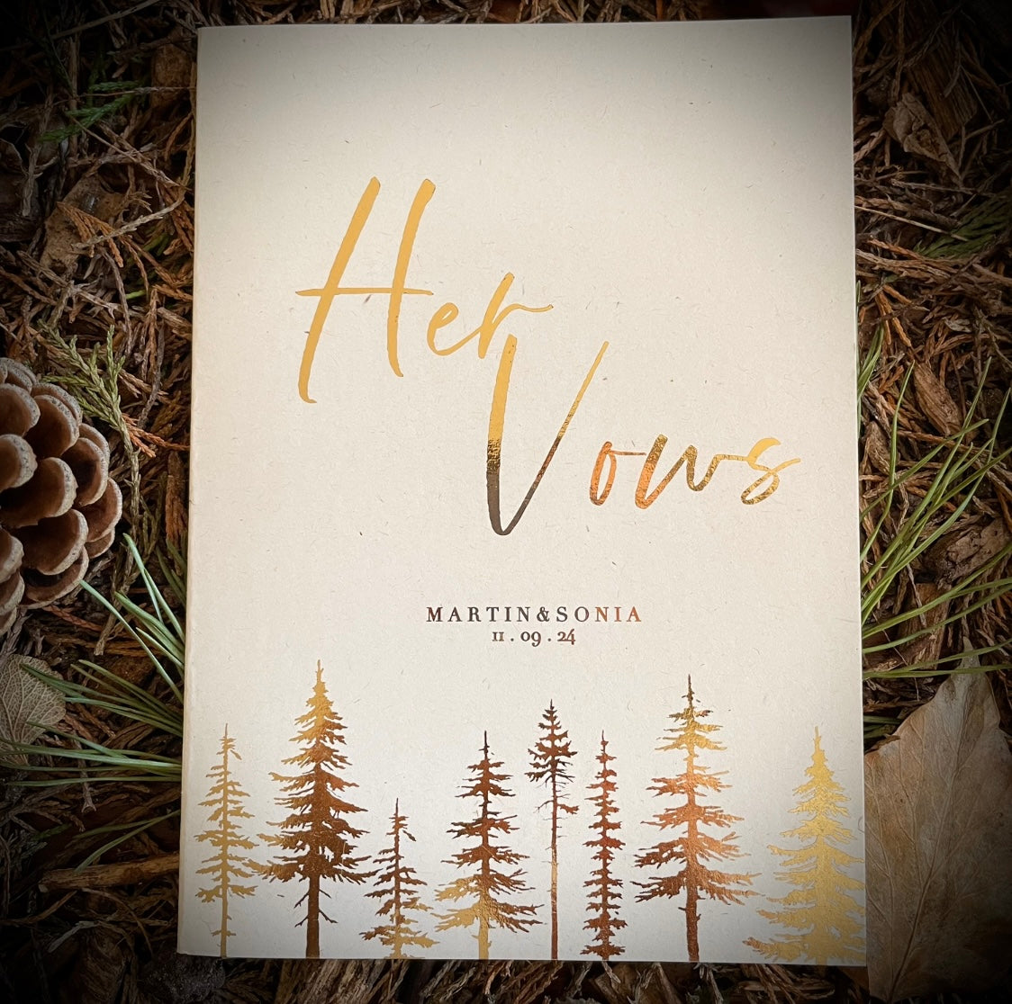 his and her vow booklets for wedding ceremony in gold foil tree design