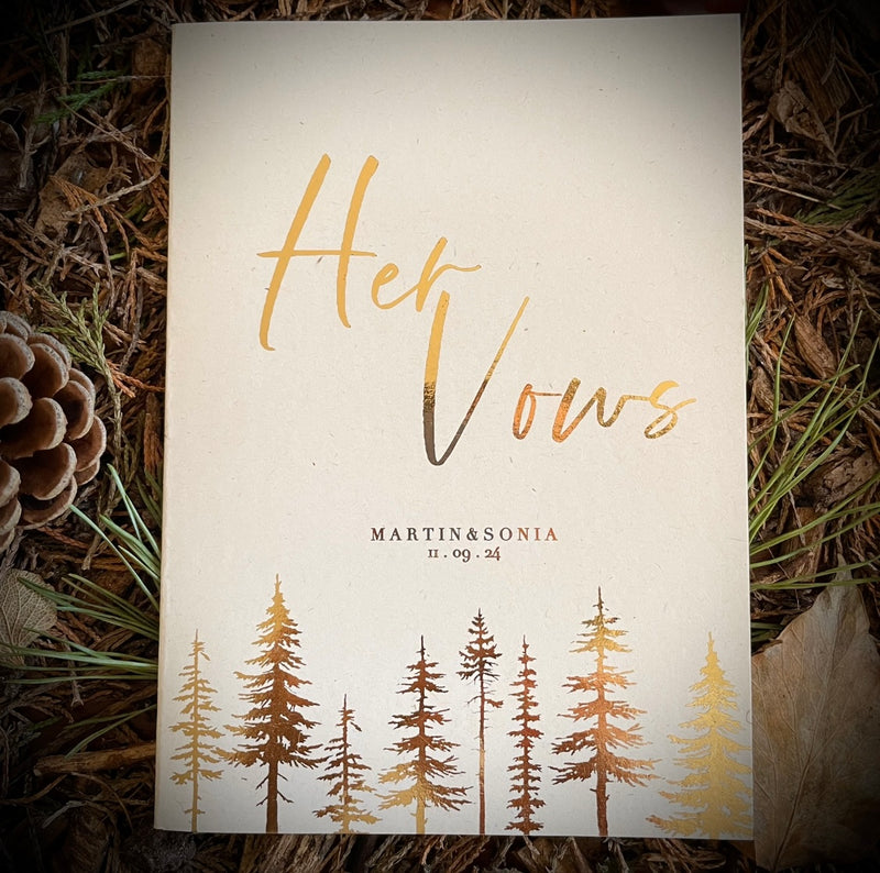 his and her vow booklets for wedding ceremony in gold foil tree design