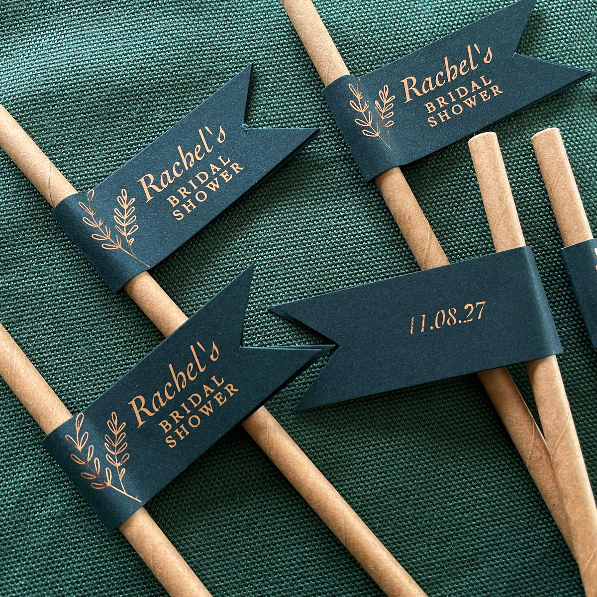 brown paper drink straws with personalised flags for bride to be on her bridal shower