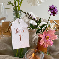 Luggage tag table numbers for wedding reception tables