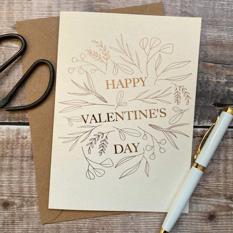 happy valentines day card neutral and gold foil leaves design