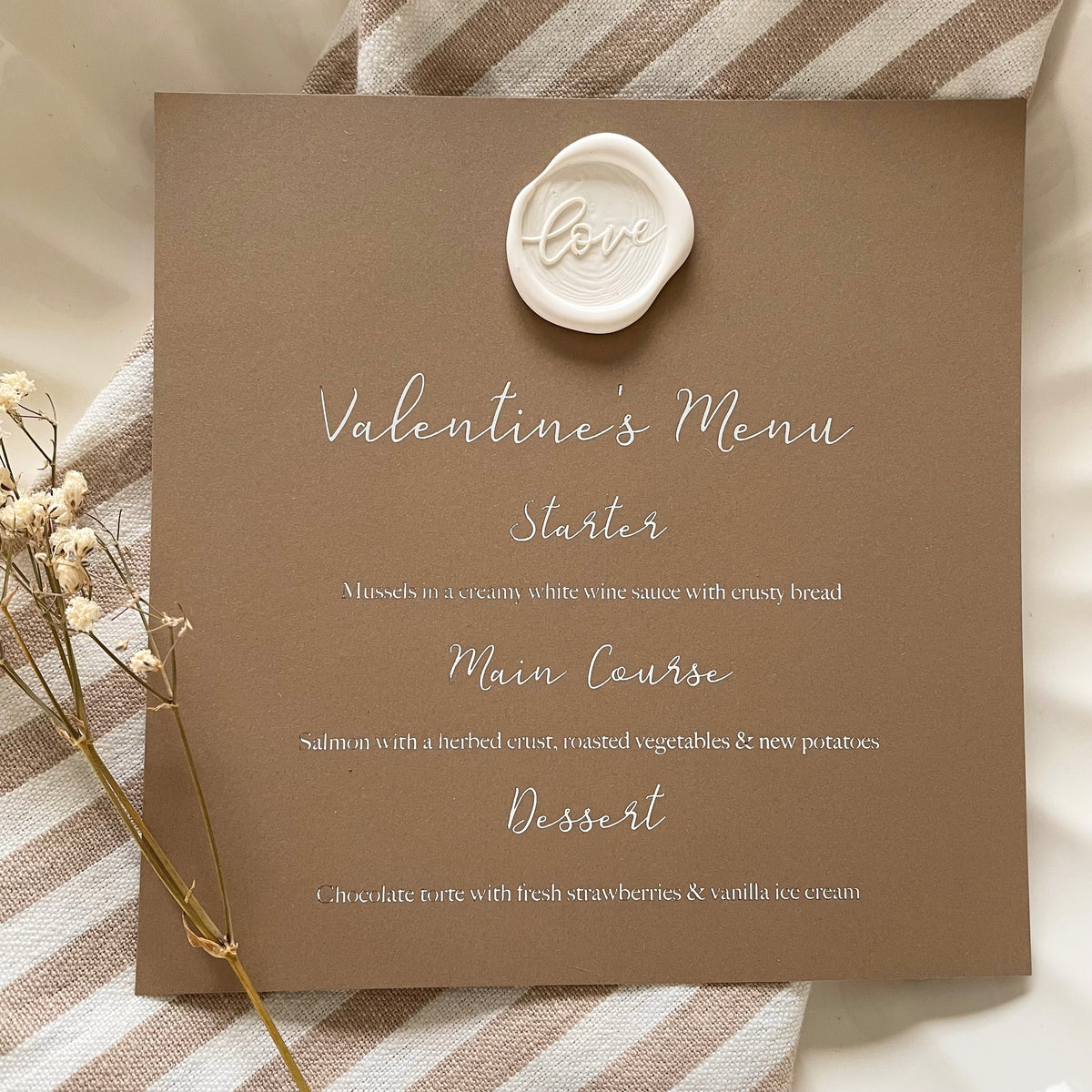 neutral valentines' day menu with white wax seal