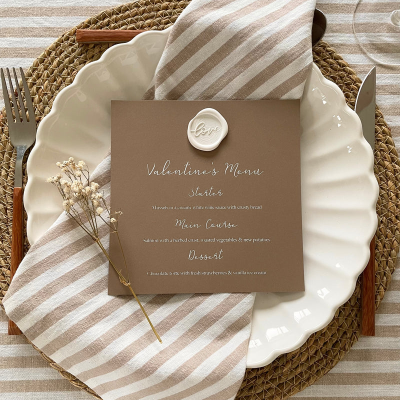 brown and white valentines day menu card with love wax seal