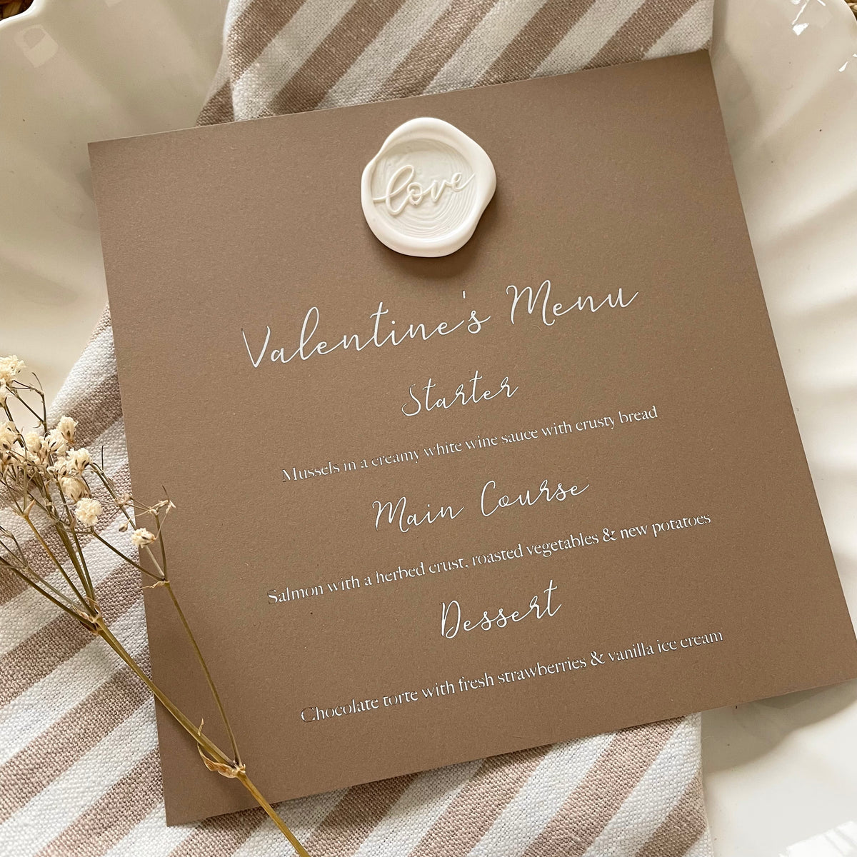 rustic valentines day menu card in brown and white