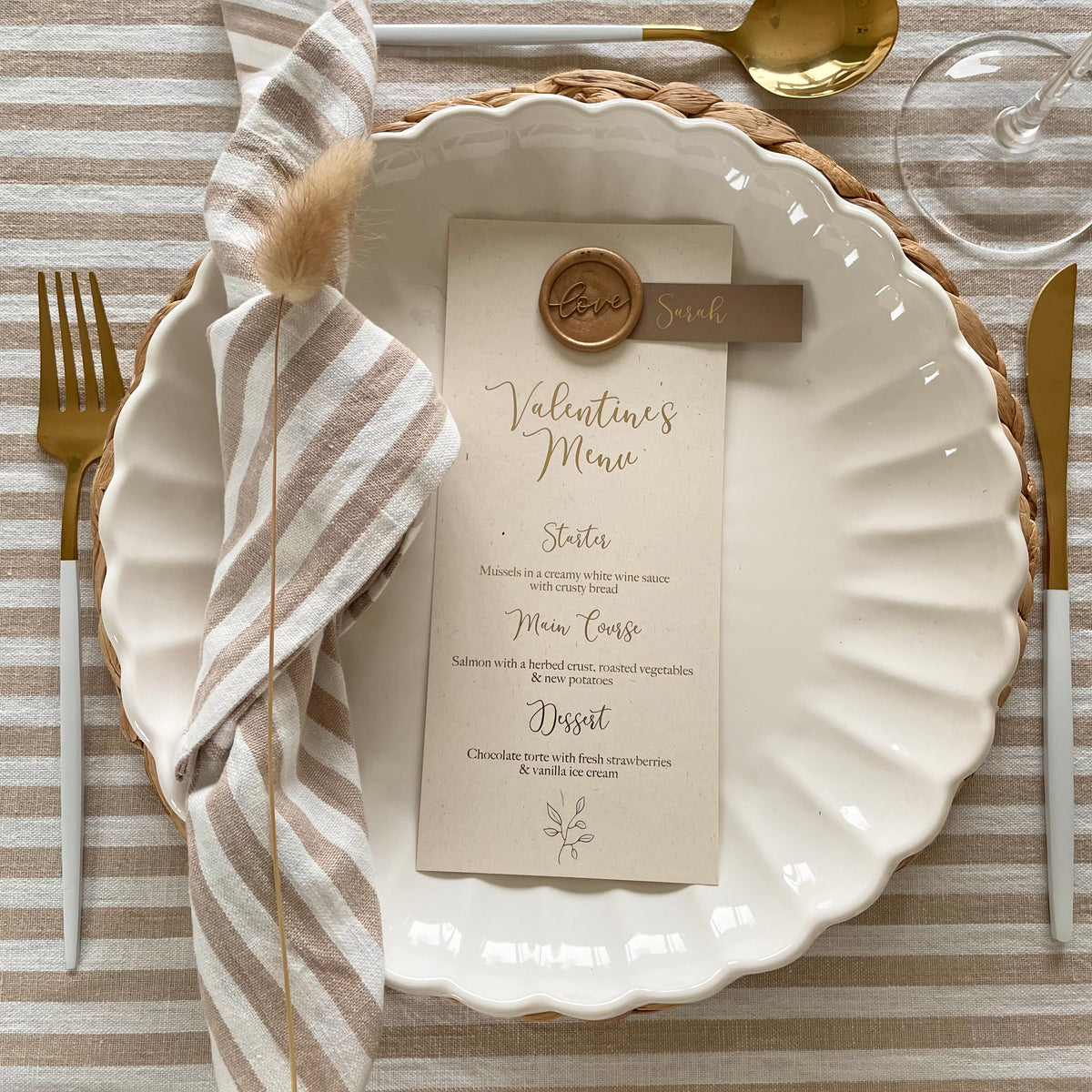 gold foil valentines menu card with love wax seal