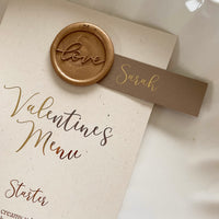 neutral valentines menu with gold wax seal