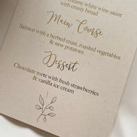 gold foil valentines table menu with gold wax seal and name tag