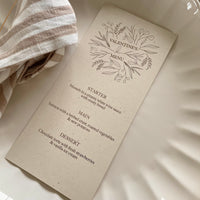 slim cream and gold foil menu card for neutral valentines day table