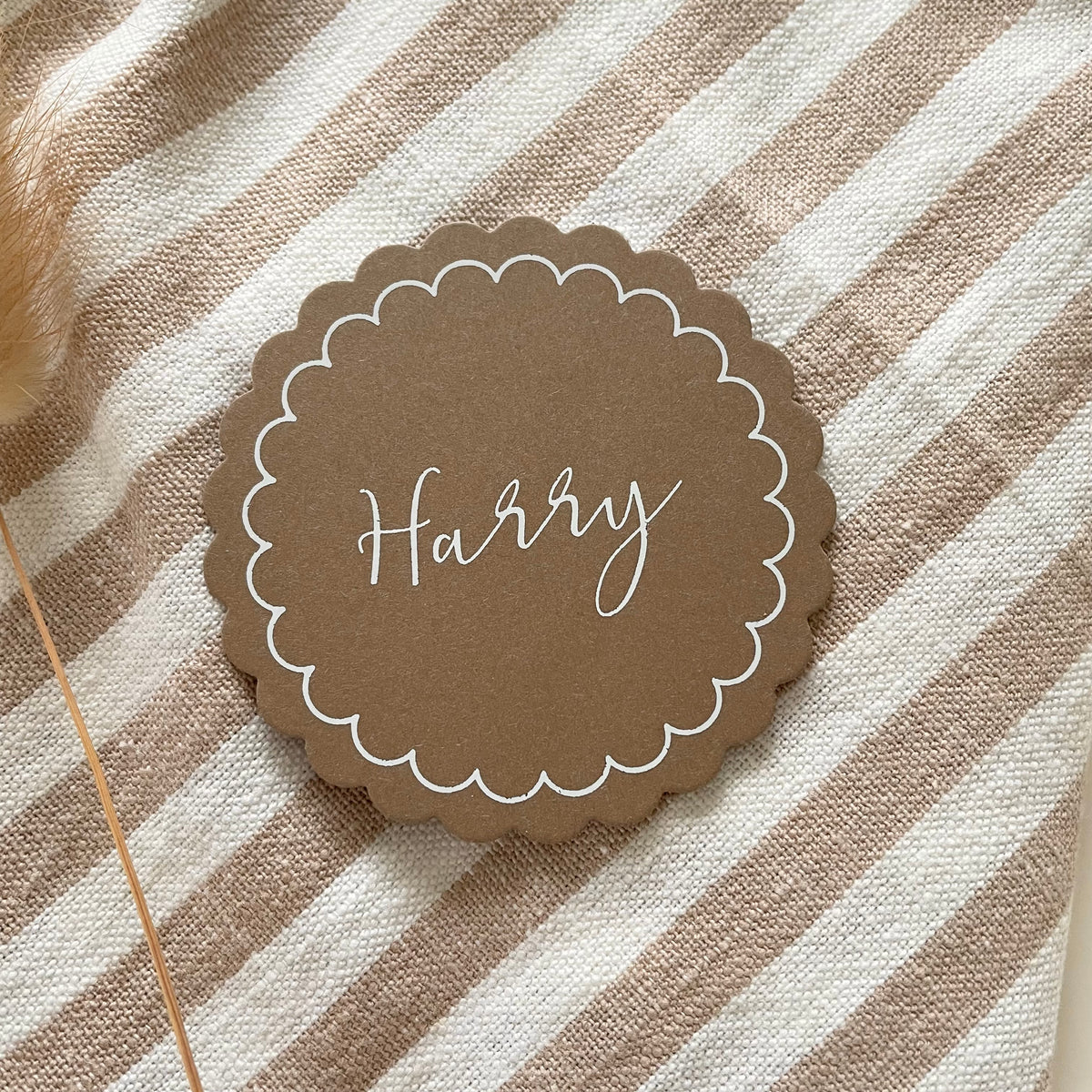 rustic wedding name cards round scallop edge