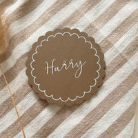 rustic wedding name cards round scallop edge