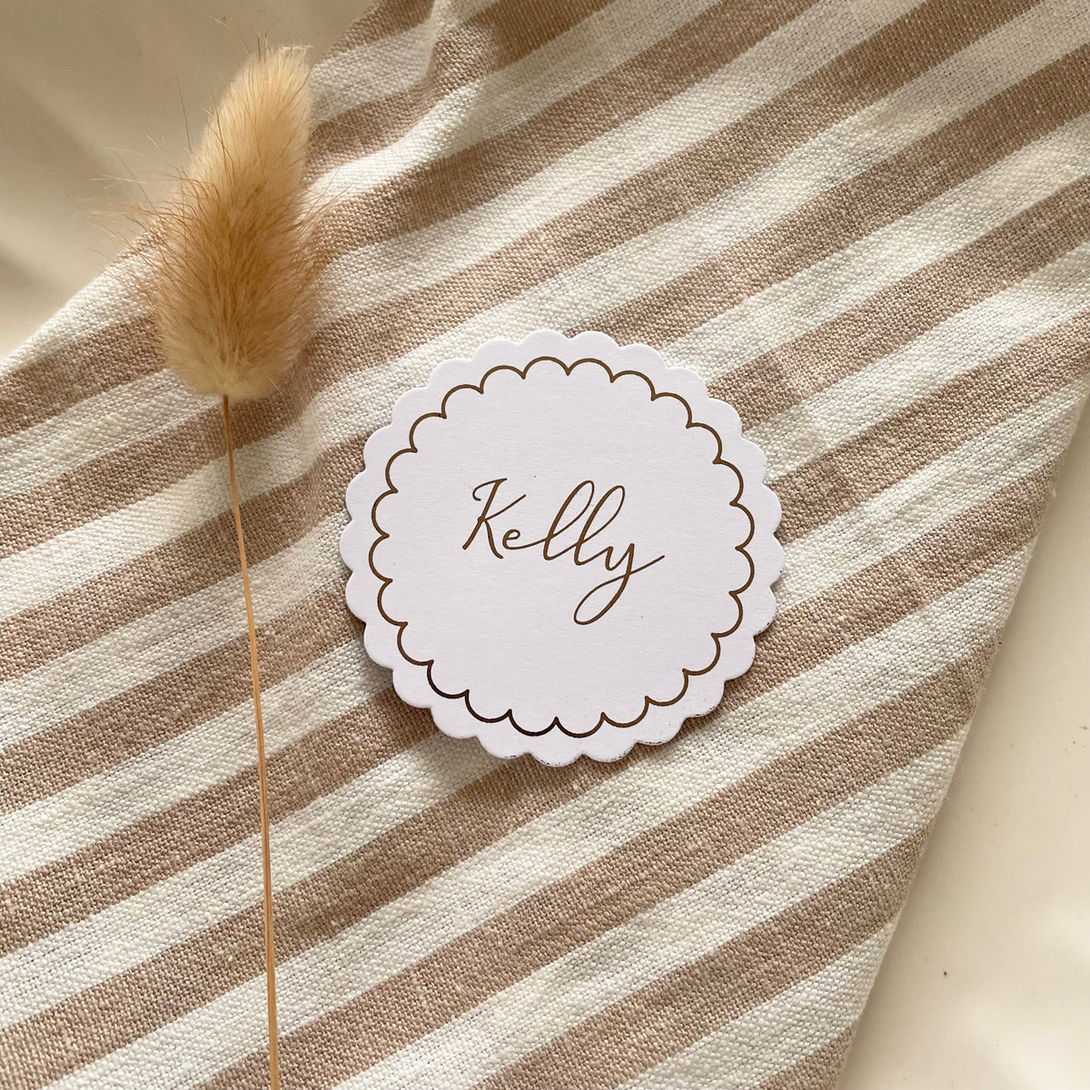 scallop edge name tags for place settings for rustic neutral wedding