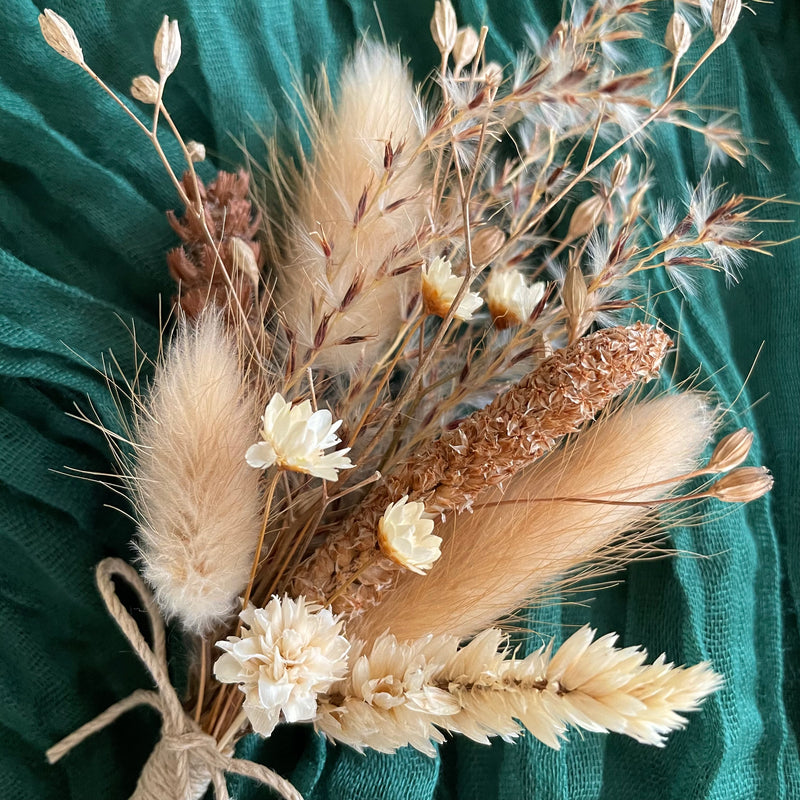 brown and beige buttonhole for boho wedding theme