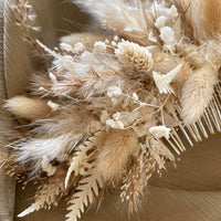 white and cream dried flower hair comb for boho wedding theme