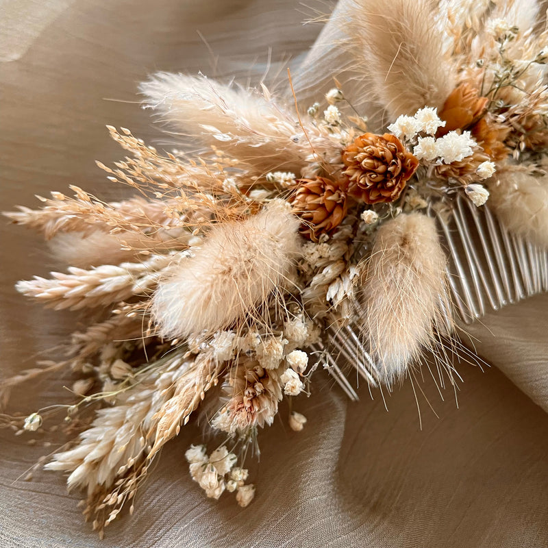 rustic dried flower hair comb brown and  beige colour scheme