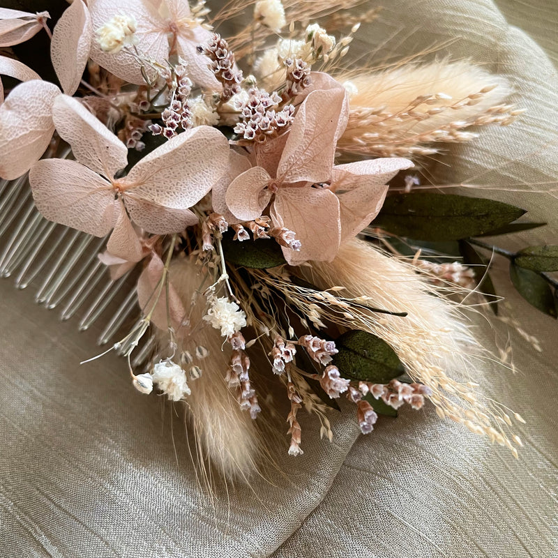 blush pink and white dried flower hair comb for rustic wedding