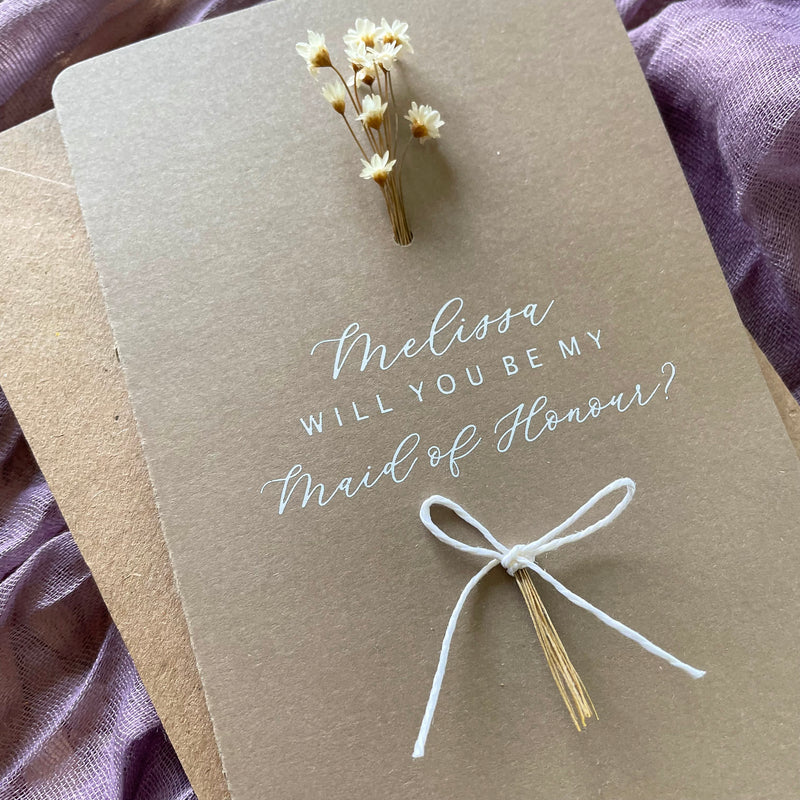 rustic proposal card for maid of honour dried flowers