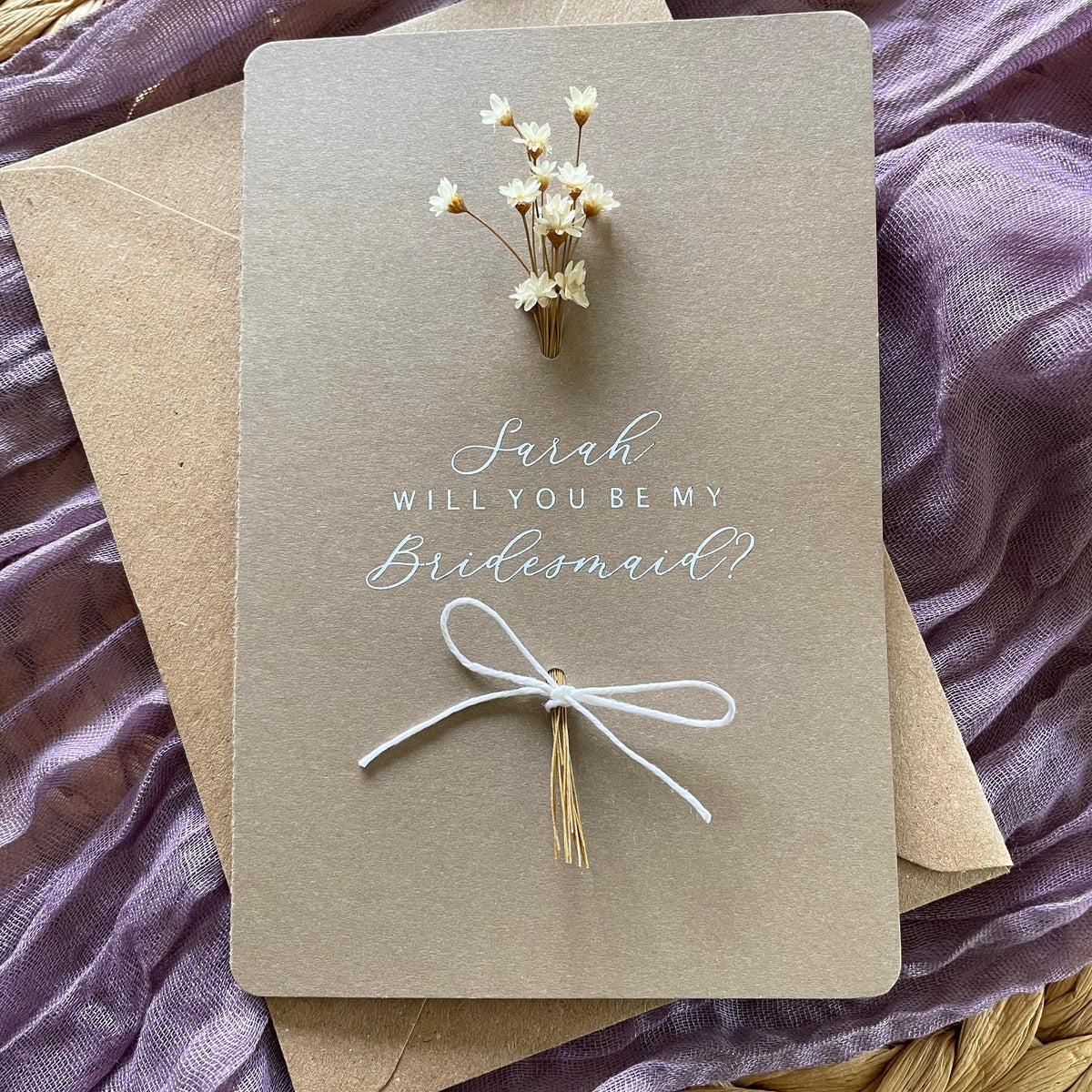 personalised will you be my bridesmaid card with dried flowers